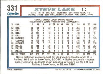 1992 O-Pee-Chee #331 Steve Lake Back
