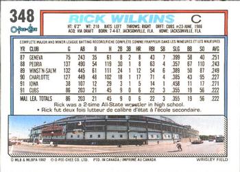 1992 O-Pee-Chee #348 Rick Wilkins Back