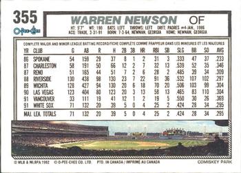 1992 O-Pee-Chee #355 Warren Newson Back
