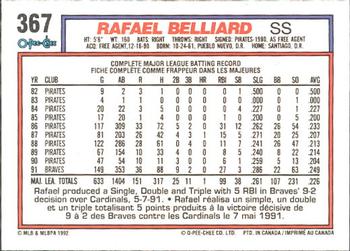 1992 O-Pee-Chee #367 Rafael Belliard Back