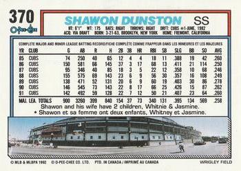 1992 O-Pee-Chee #370 Shawon Dunston Back