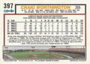1992 O-Pee-Chee #397 Craig Worthington Back