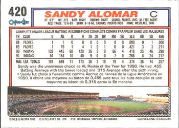 1992 O-Pee-Chee #420 Sandy Alomar Jr. Back