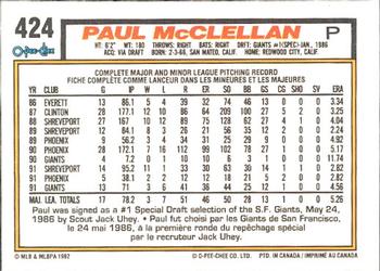 1992 O-Pee-Chee #424 Paul McClellan Back
