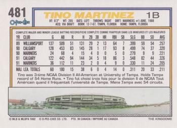 1992 O-Pee-Chee #481 Tino Martinez Back