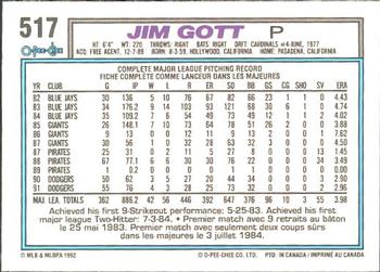 1992 O-Pee-Chee #517 Jim Gott Back