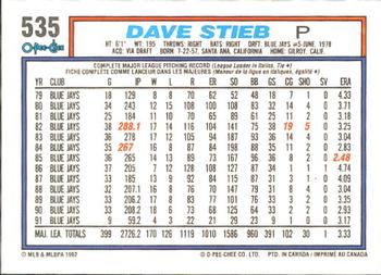 1992 O-Pee-Chee #535 Dave Stieb Back