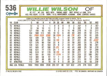 1992 O-Pee-Chee #536 Willie Wilson Back