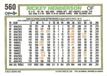 1992 O-Pee-Chee #560 Rickey Henderson Back