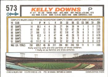 1992 O-Pee-Chee #573 Kelly Downs Back