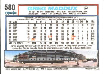 1992 O-Pee-Chee #580 Greg Maddux Back