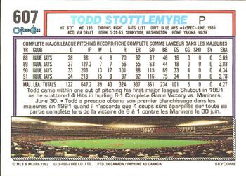 1992 O-Pee-Chee #607 Todd Stottlemyre Back