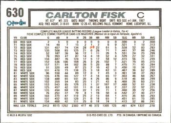 1992 O-Pee-Chee #630 Carlton Fisk Back