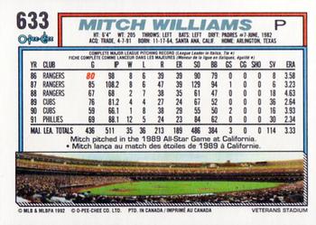 1992 O-Pee-Chee #633 Mitch Williams Back