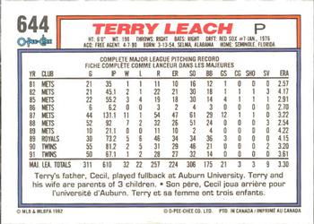 1992 O-Pee-Chee #644 Terry Leach Back