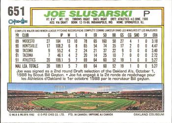 1992 O-Pee-Chee #651 Joe Slusarski Back