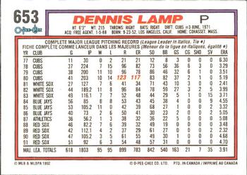 1992 O-Pee-Chee #653 Dennis Lamp Back