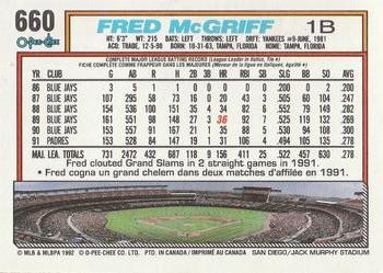 1992 O-Pee-Chee #660 Fred McGriff Back