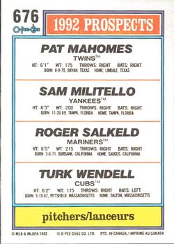 1992 O-Pee-Chee #676 1992 Prospects P (Sam Militello / Pat Mahomes / Roger Salkeld / Turk Wendell) Back