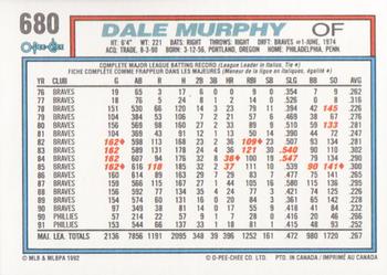 1992 O-Pee-Chee #680 Dale Murphy Back