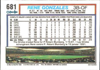 1992 O-Pee-Chee #681 Rene Gonzales Back