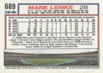1992 O-Pee-Chee #689 Mark Lemke Back