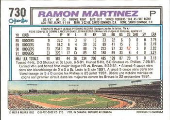1992 O-Pee-Chee #730 Ramon Martinez Back