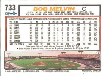1992 O-Pee-Chee #733 Bob Melvin Back