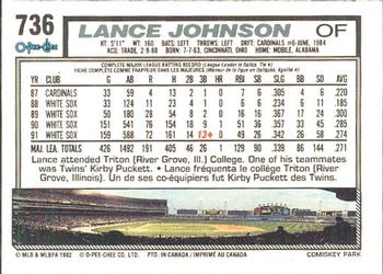 1992 O-Pee-Chee #736 Lance Johnson Back
