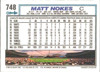 1992 O-Pee-Chee #748 Matt Nokes Back