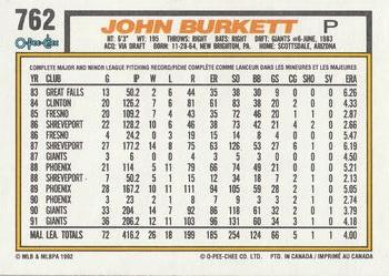 1992 O-Pee-Chee #762 John Burkett Back
