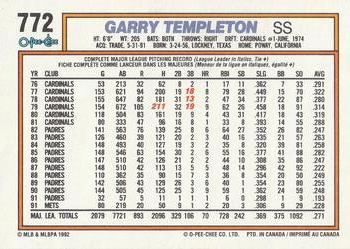 1992 O-Pee-Chee #772 Garry Templeton Back