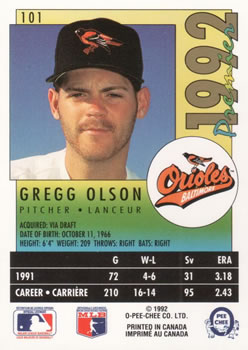 1992 O-Pee-Chee Premier #101 Gregg Olson Back