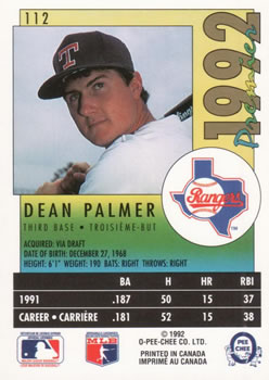 1992 O-Pee-Chee Premier #112 Dean Palmer Back
