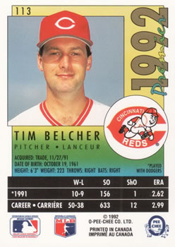 1992 O-Pee-Chee Premier #113 Tim Belcher Back