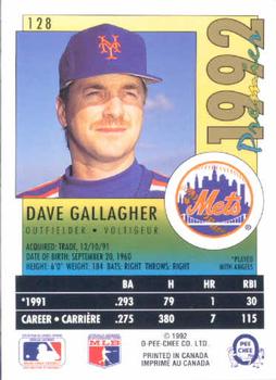 1992 O-Pee-Chee Premier #128 Dave Gallagher Back