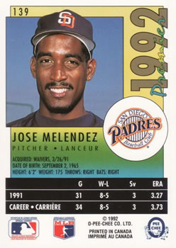 1992 O-Pee-Chee Premier #139 Jose Melendez Back