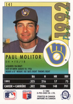 1992 O-Pee-Chee Premier #141 Paul Molitor Back
