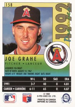 1992 O-Pee-Chee Premier #158 Joe Grahe Back
