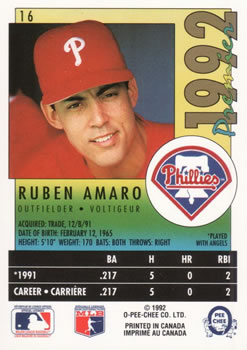 1992 O-Pee-Chee Premier #16 Ruben Amaro Back