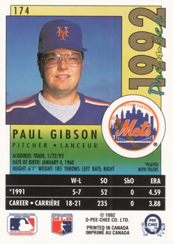 1992 O-Pee-Chee Premier #174 Paul Gibson Back