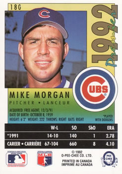 1992 O-Pee-Chee Premier #180 Mike Morgan Back