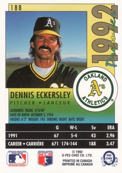 1992 O-Pee-Chee Premier #188 Dennis Eckersley Back