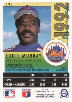 1992 O-Pee-Chee Premier #193 Eddie Murray Back