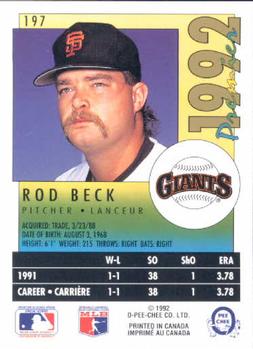 1992 O-Pee-Chee Premier #197 Rod Beck Back