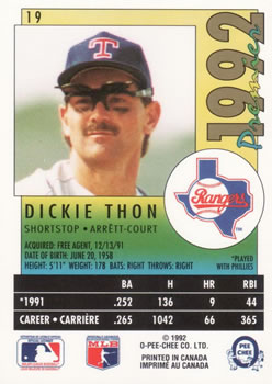 1992 O-Pee-Chee Premier #19 Dickie Thon Back