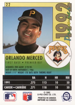 1992 O-Pee-Chee Premier #22 Orlando Merced Back