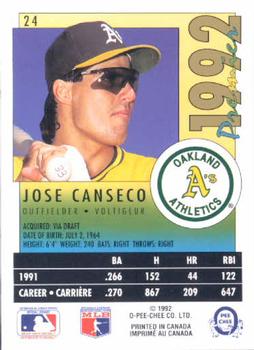 1992 O-Pee-Chee Premier #24 Jose Canseco Back