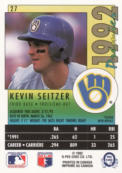 1992 O-Pee-Chee Premier #27 Kevin Seitzer Back