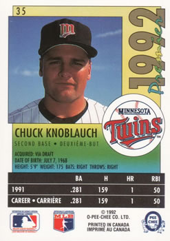 1992 O-Pee-Chee Premier #35 Chuck Knoblauch Back